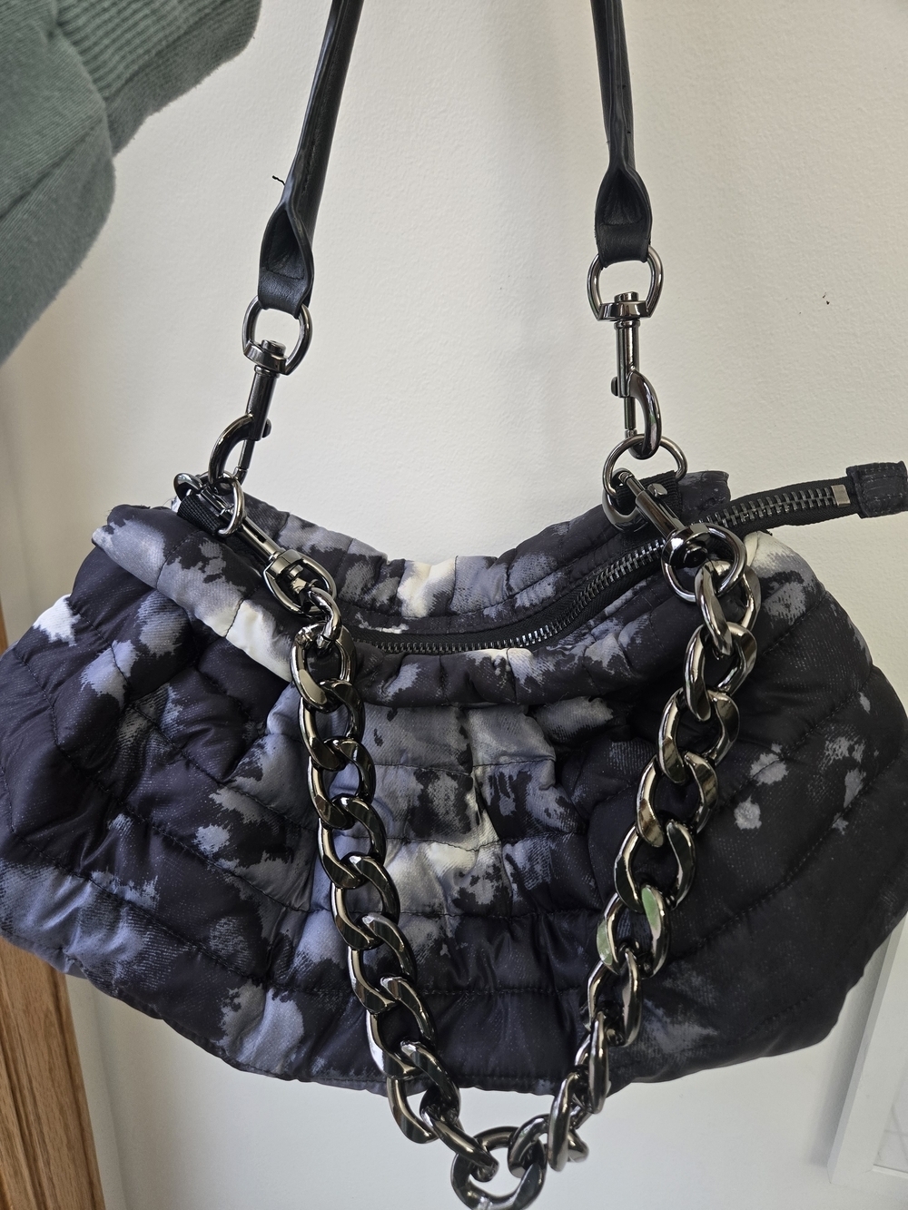 Think Royln Life On The Fly Black White Tie Dye Quilted Puffer Shoulder Bag